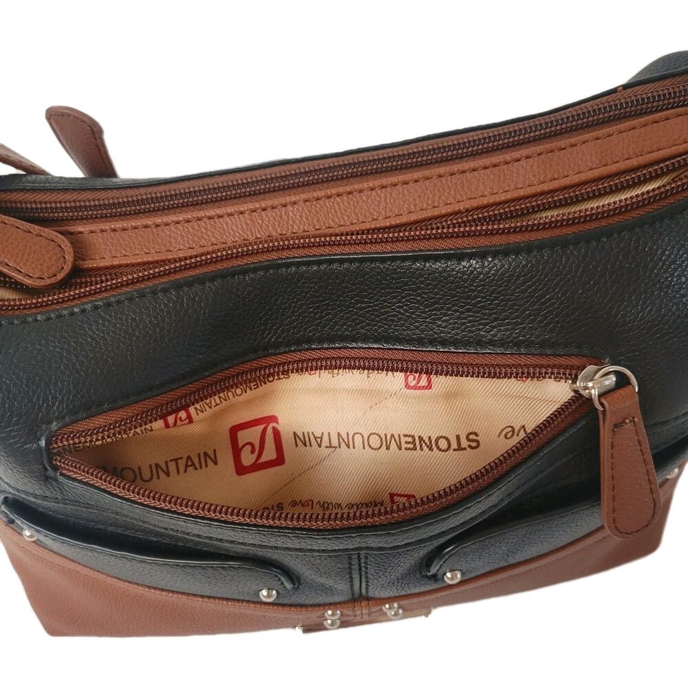 Stone Mountain USA Black Brown Bag Multi Pocket Organizer Shoulder Purse - Picture 9 of 11